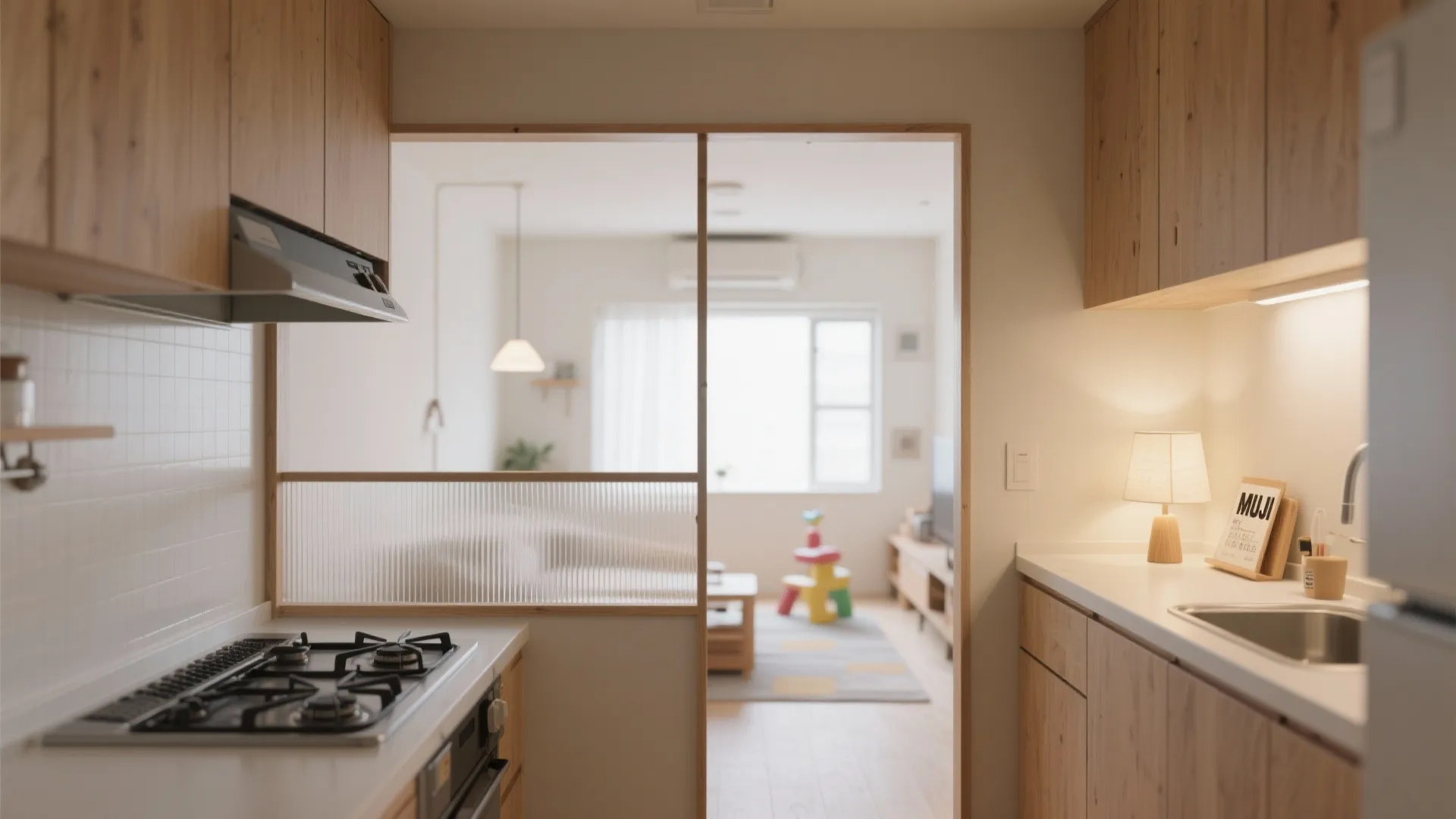 Tips 8: キッチン前の“パネル仕切り”で安全と見守り（動線規画）