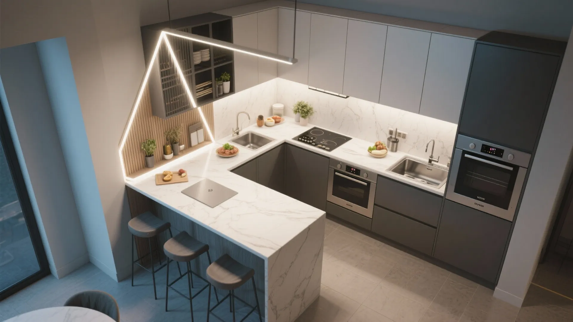 Modern grey kitchen layout with marble countertop bar stools ceiling light and integrated kitchen appliances