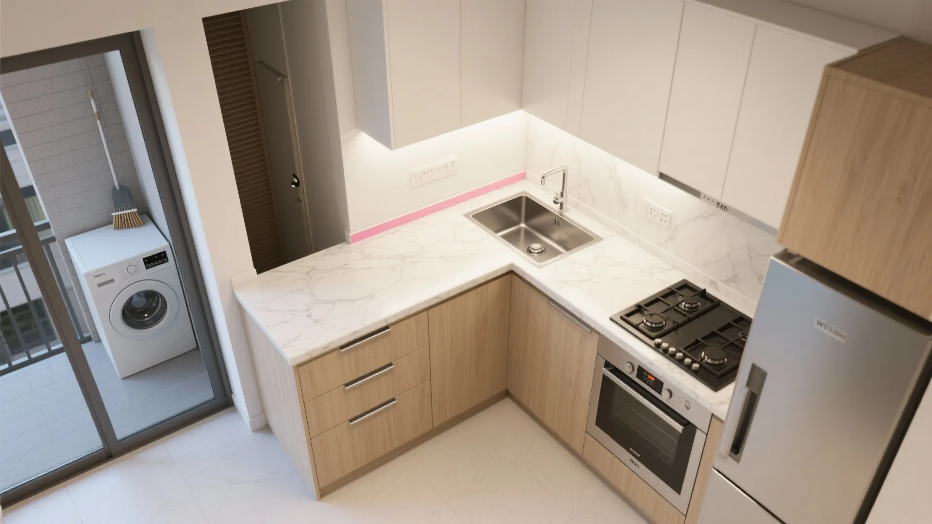 Efficient kitchen triangle + utility balcony that works