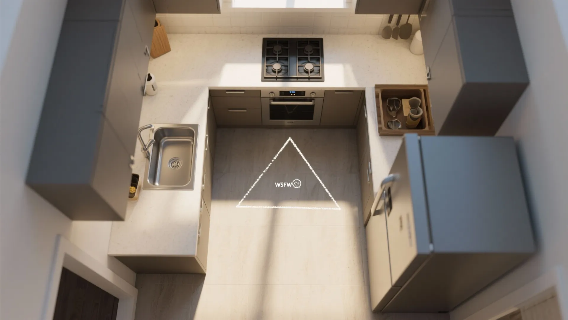 Top down view of a kitchen layout showing the work triangle between sink stove refrigerator