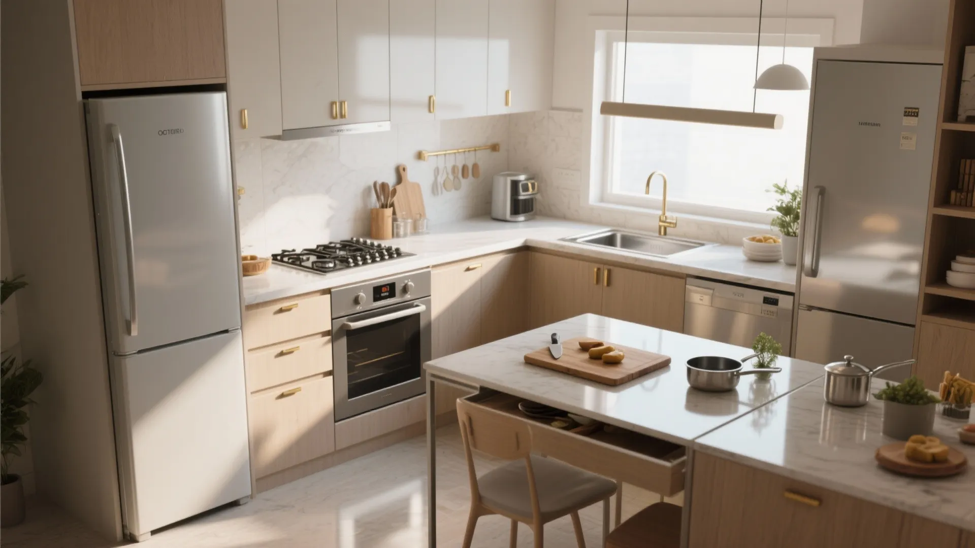 Compact kitchen showing an efficient stove-sink-fridge triangle and slim extendable table.