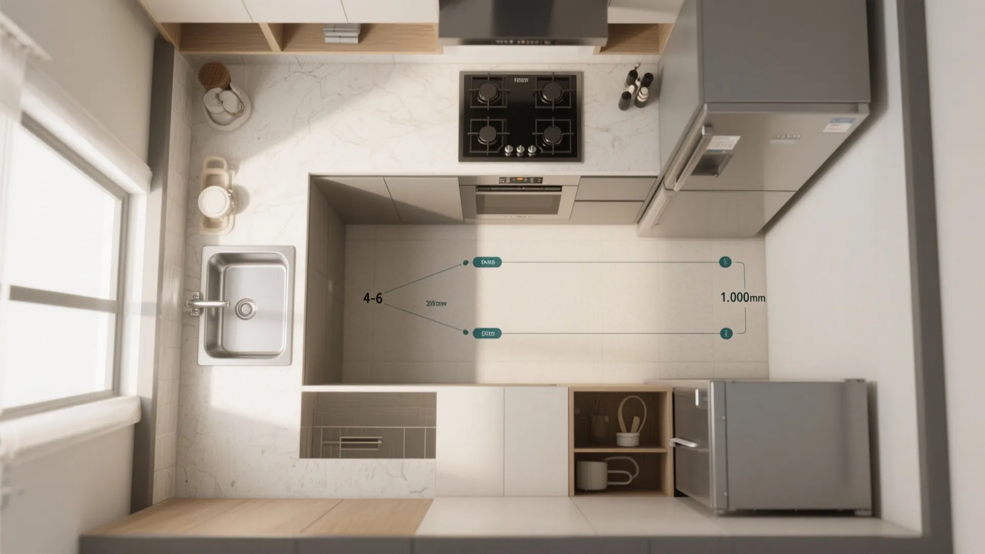 Top view of kitchen room layout showing sink stove and fridge with work triangle measurements