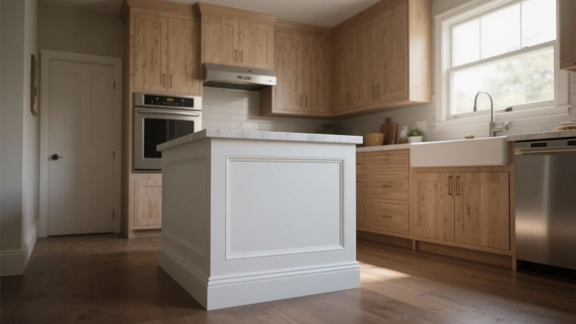 Modern kitchen with white island marble countertop wood cabinets silver oven sink and white wall panel