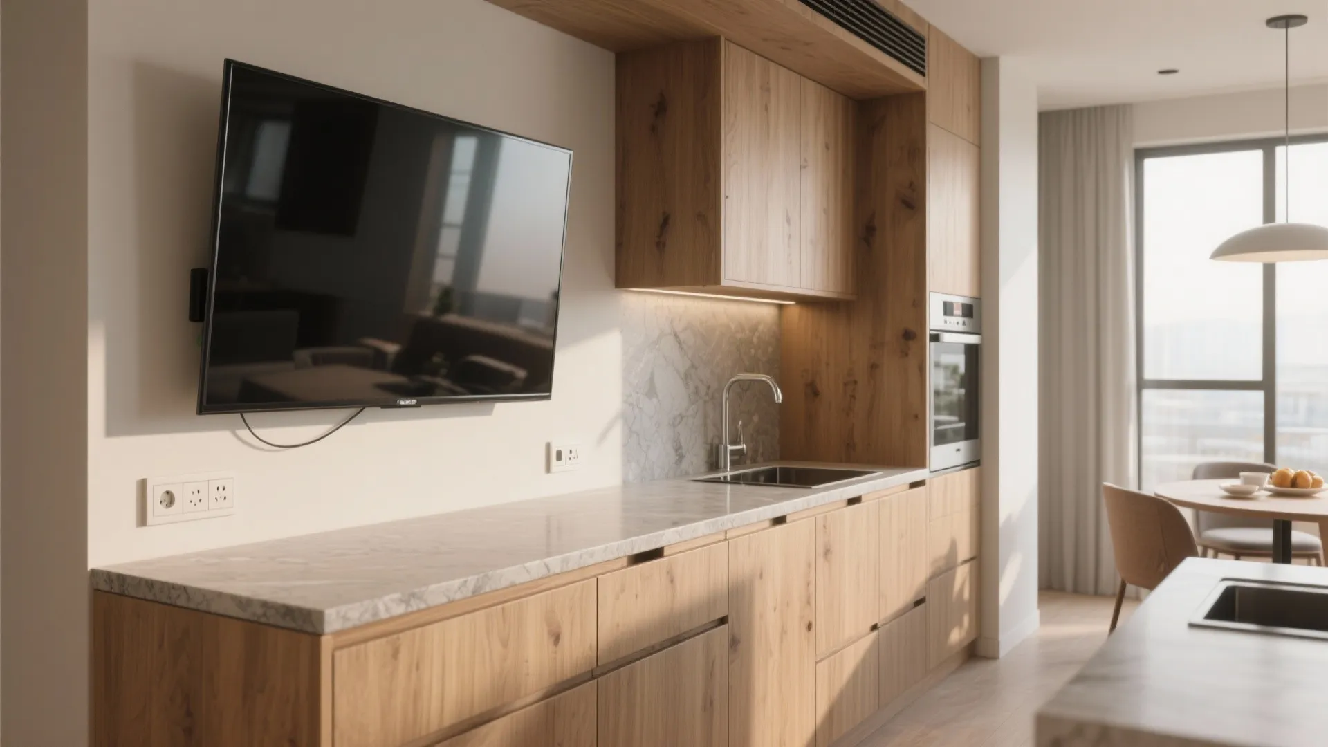 Modern kitchen with wood cabinets marble countertop a wall mounted television and a dining table