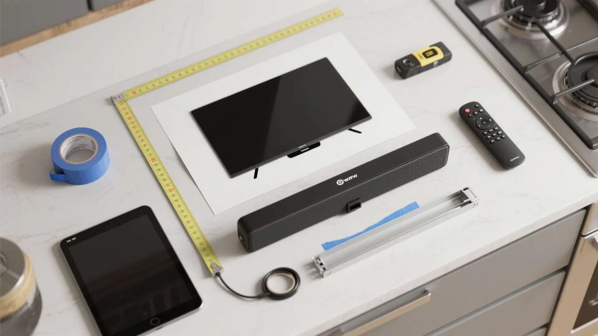 Flatlay of a paper TV mockup, measuring tape, tablet, small speaker and cable channel pieces for testing TV placement in a kitchen.