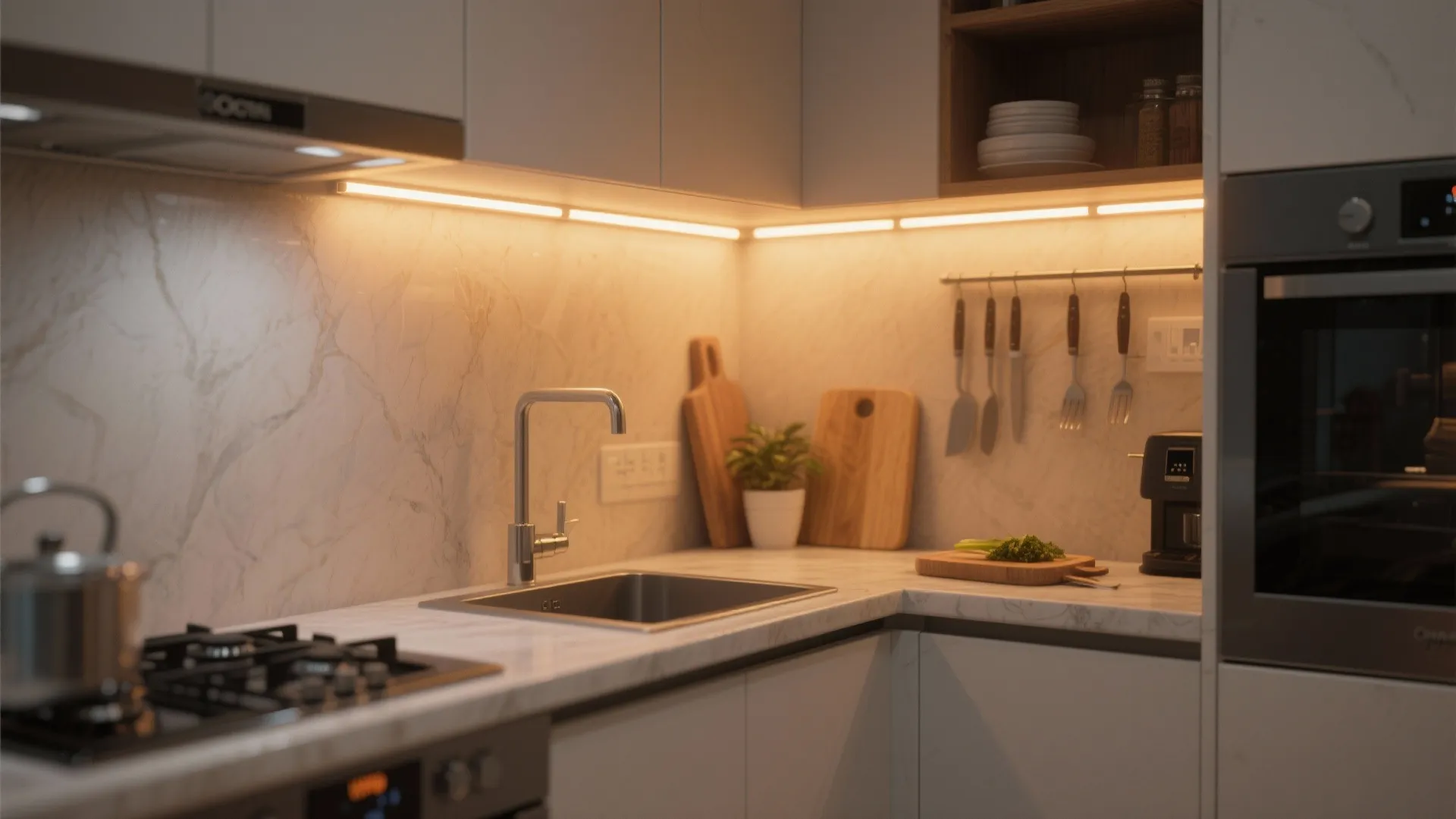 Small kitchen with warm under-cabinet lighting eliminating prep shadows