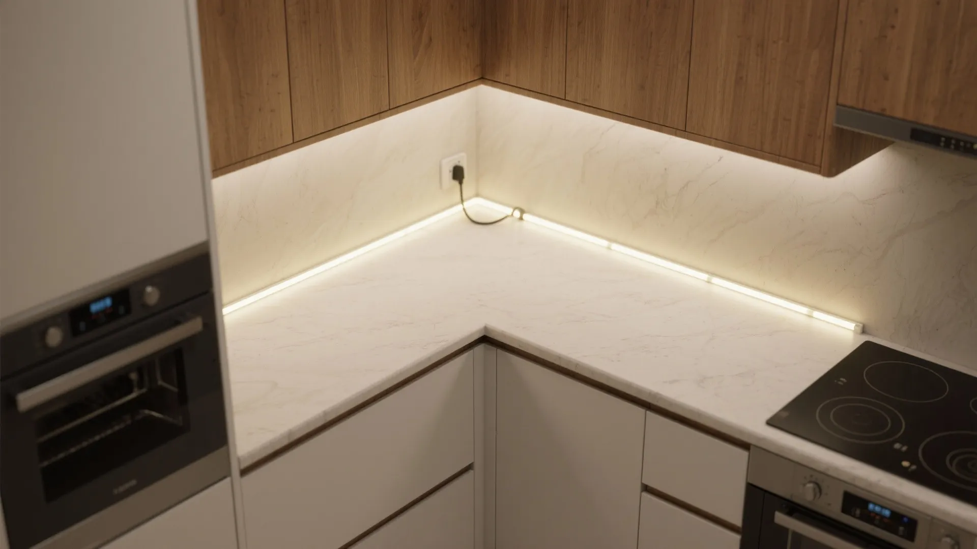 Top-down view of a compact kitchen counter lit by an under-cabinet plug-in LED strip with cord hidden in trim