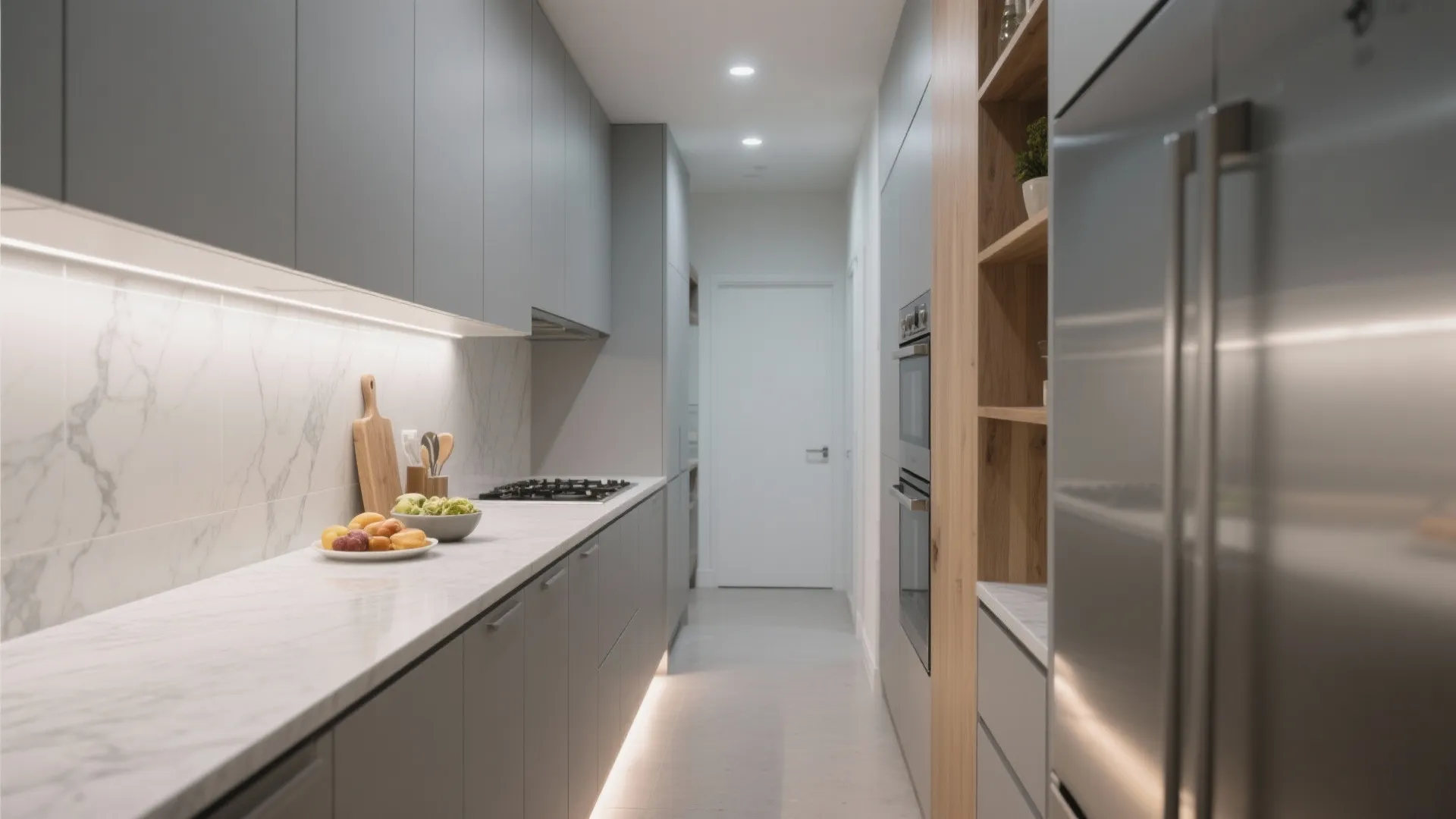 Galley kitchen with diffuse under-cabinet LED strips and soft toe-kick lighting for shadow-free tasks.
