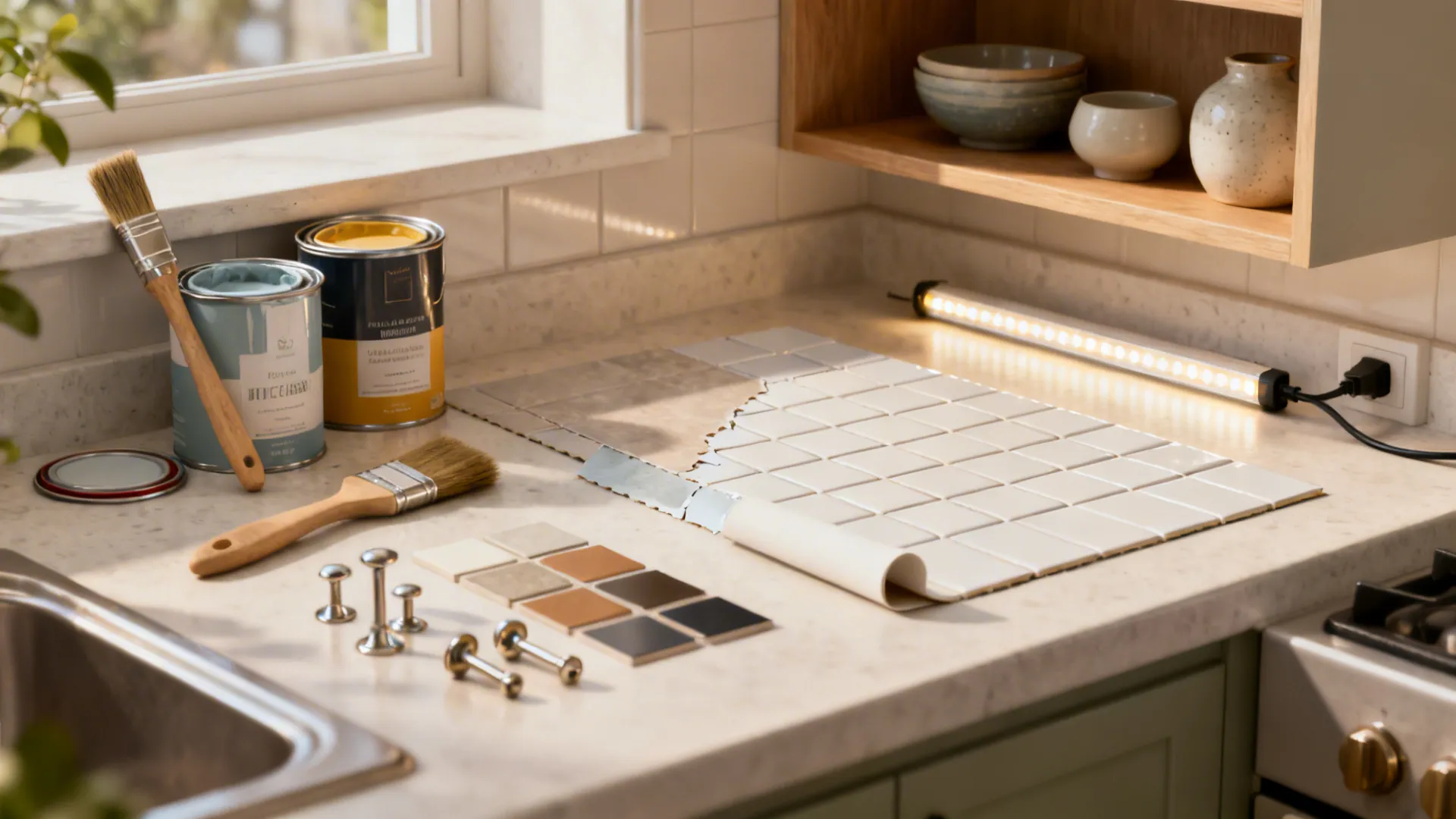 Collage of budget kitchen upgrade items including paint, hardware, peel-and-stick tile and LED strip