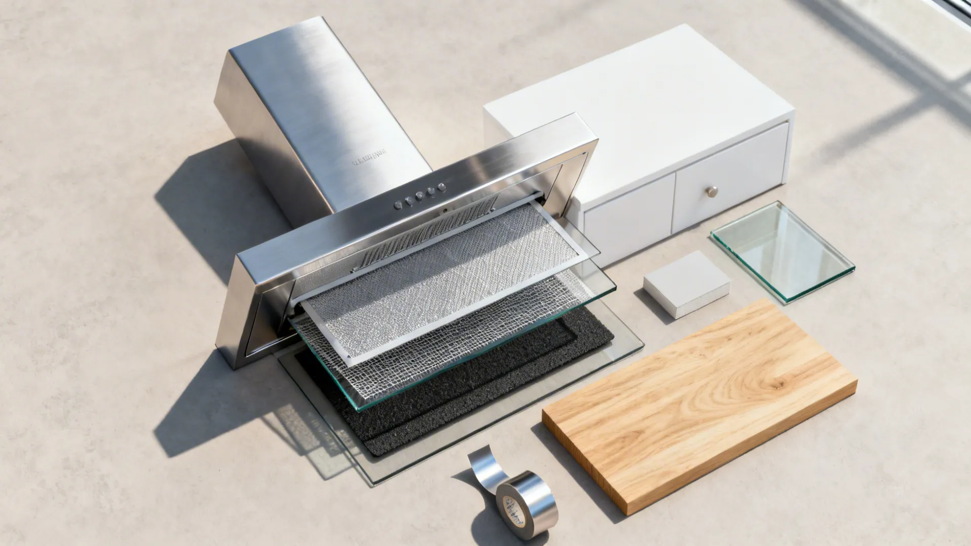 Flat lay of chimney materials: stainless, filter layers, low-iron glass, white cabinet, light oak, and metal tape.