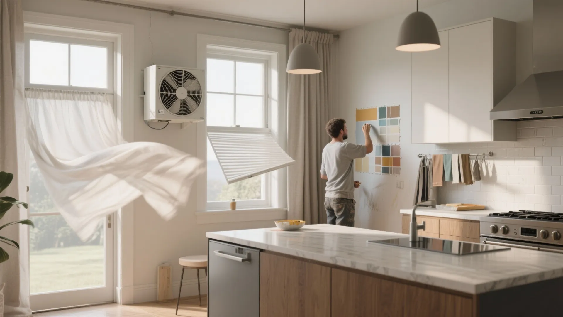 Man choosing paint colors in a kitchen with open windows and a fan for ventilation