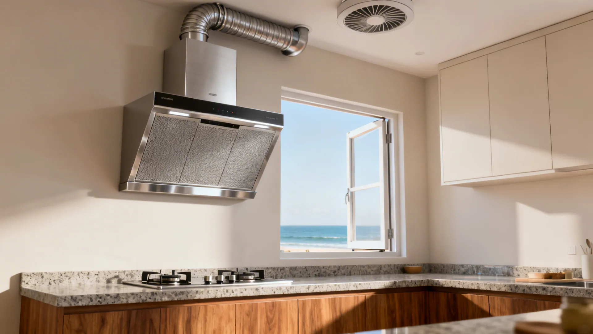 Modern kitchen with a baffle-filter chimney, rigid ducting, window cross-ventilation, and quartz countertop.