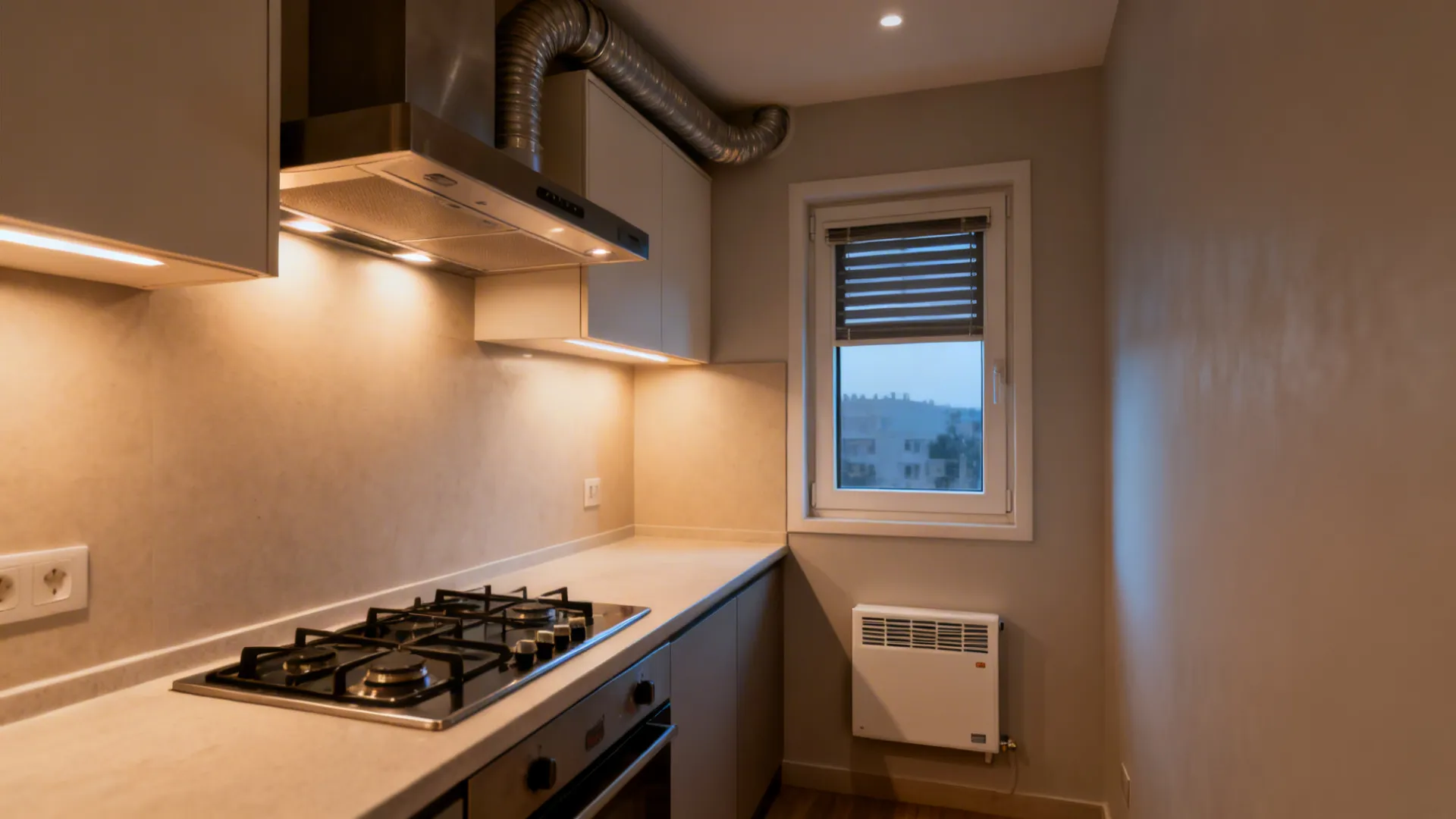 Compact kitchen with deep-capture hood, vented window, and small wall heater