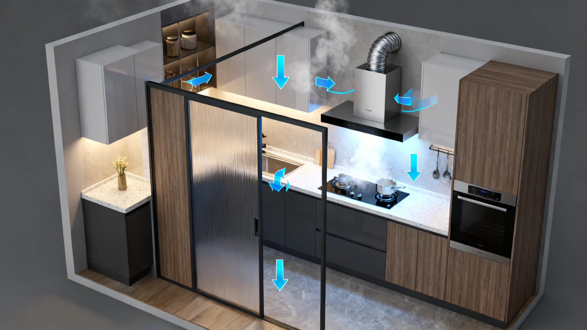 Top-down small kitchen plan showing ducted hood capture in wet zone and clean airflow to dry zone.