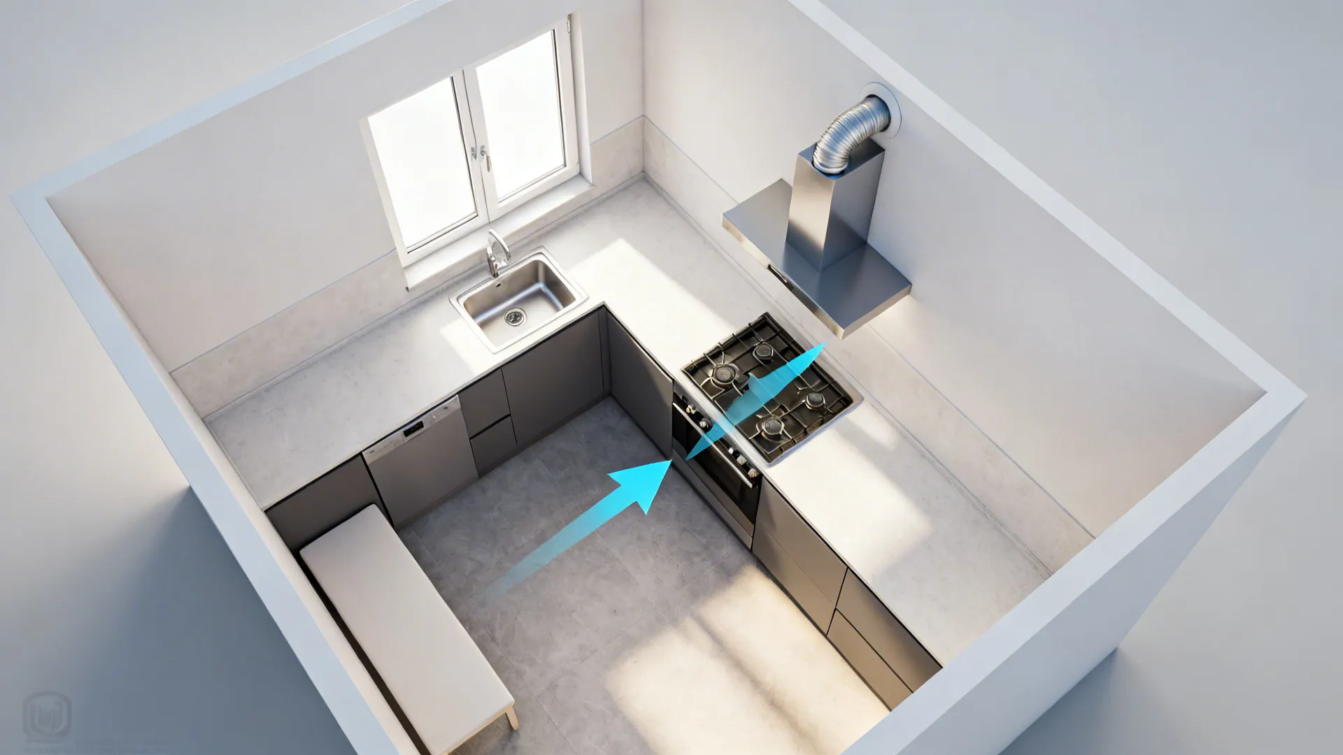 Top-down L-shaped kitchen plan with airflow arrows showing cross-ventilation and ducted hood path.