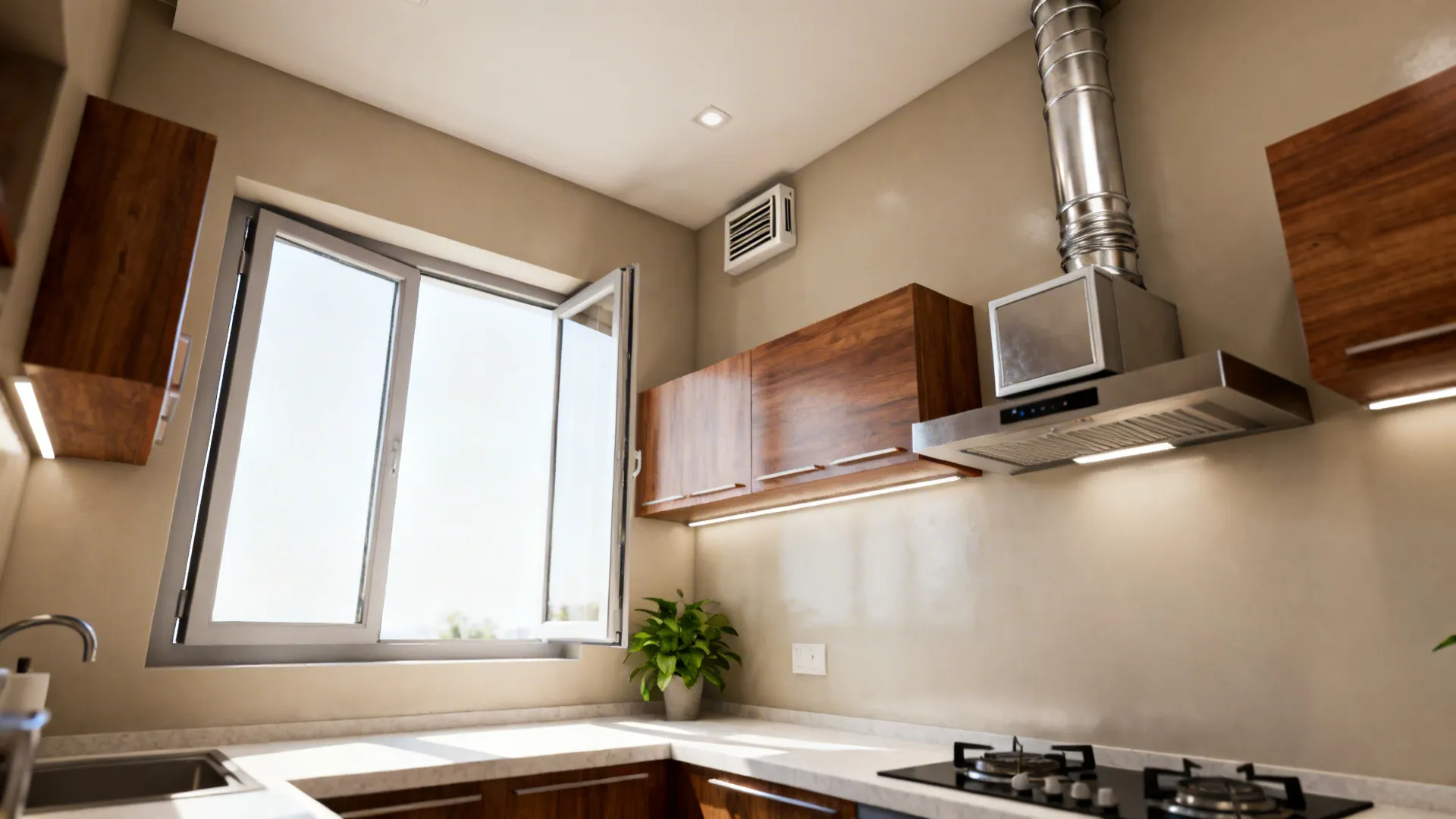 Compact kitchen with ducted chimney, tilt-and-turn window, and inline exhaust fan for cross-ventilation.