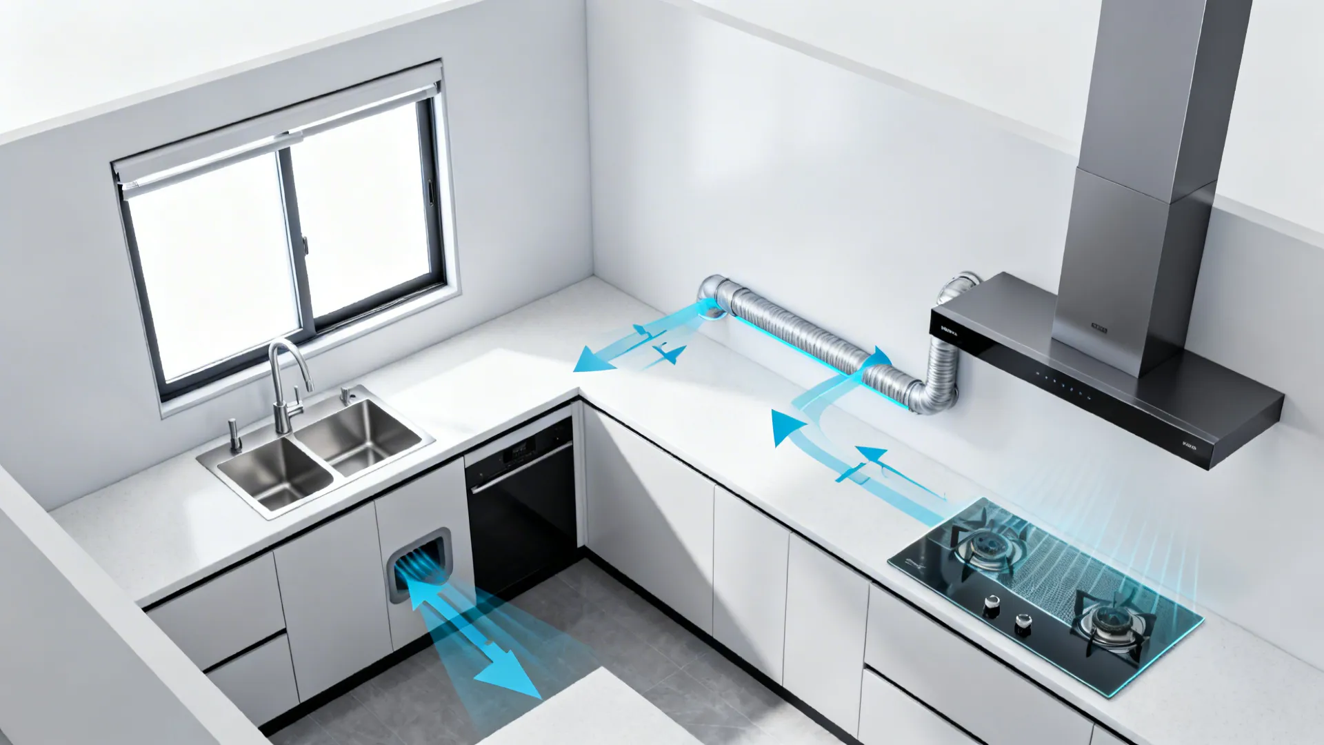 Kitchen layout drawing showing air flow through a light fixture and pipes above the stove