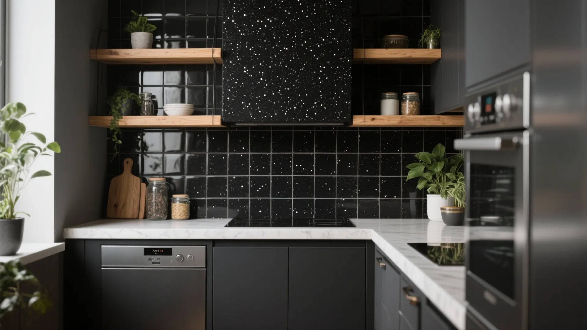 Modern black kitchen with white marble countertop wood shelves dark cabinets and small green potted plants