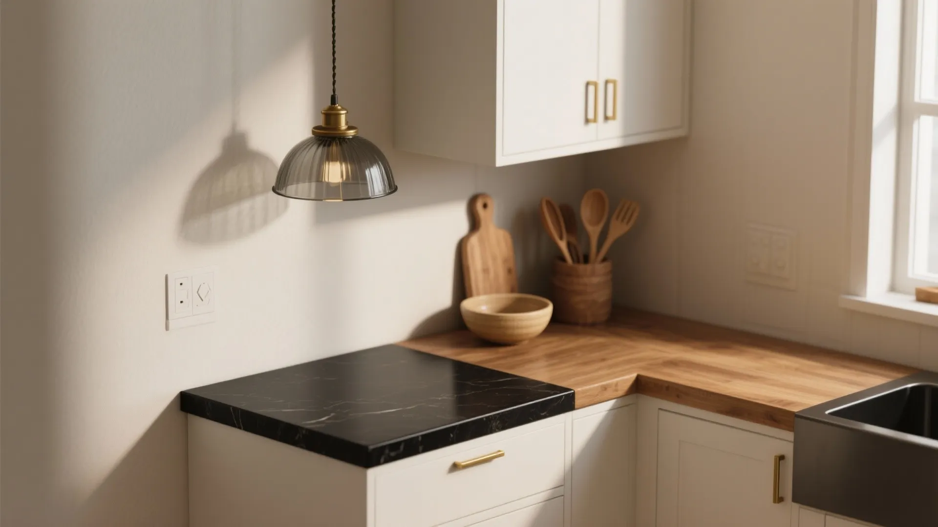 Styled kitchen vignette showing brass pull on white cabinet, satin black island edge and smoked glass pendant.