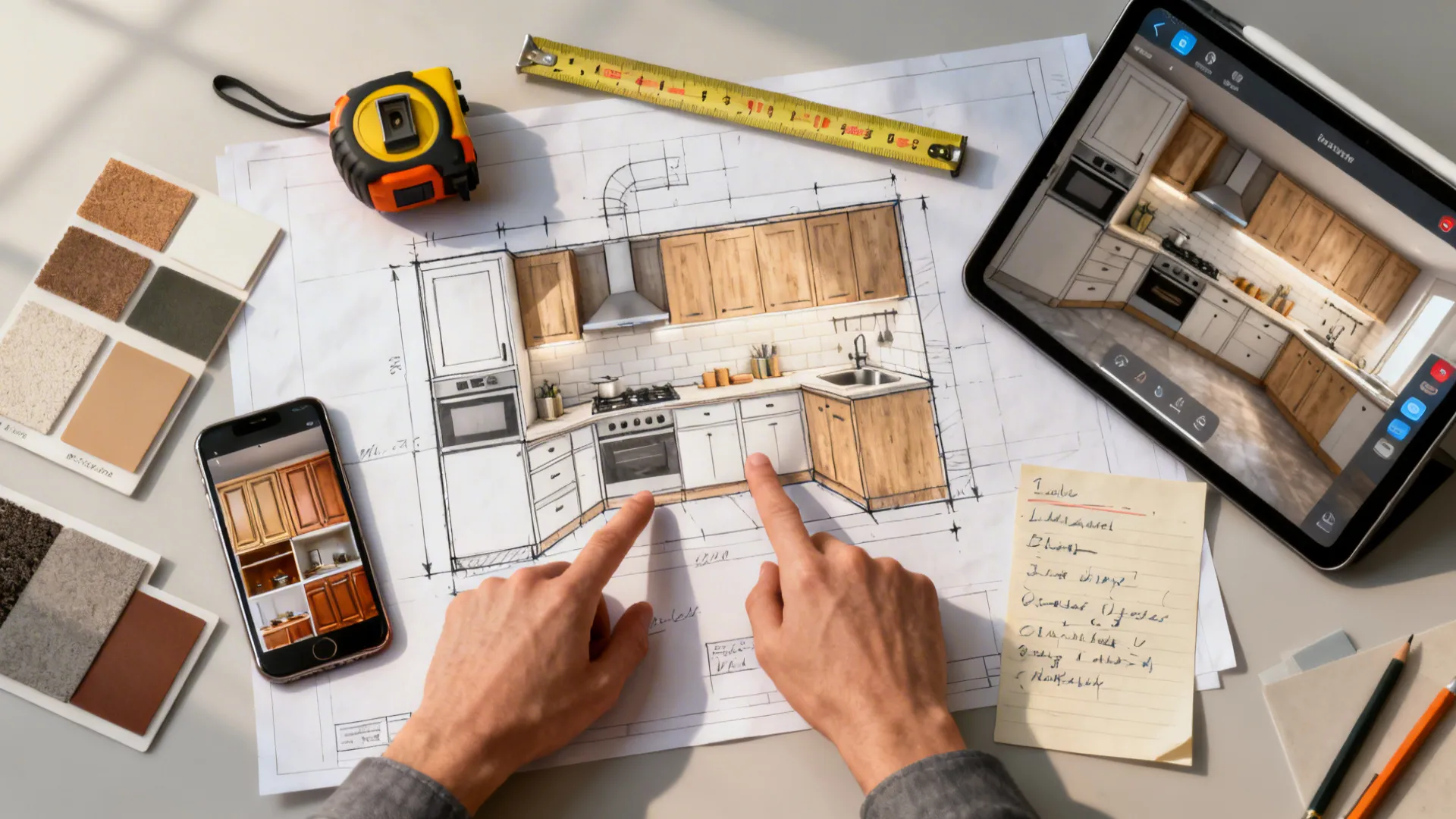 Top-down view of a kitchen layout sketch, tape measure, and tablet with a 3D planner