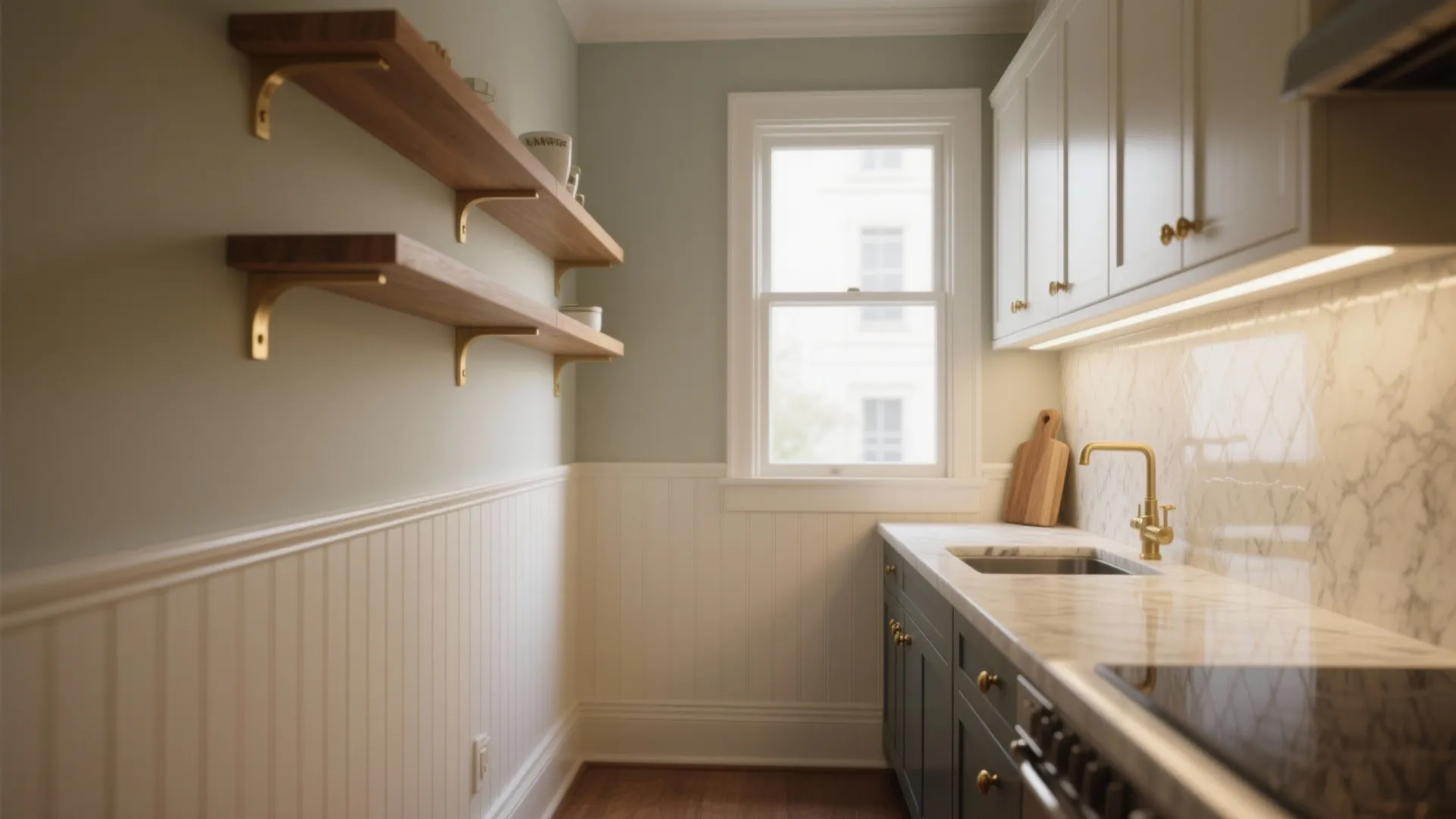 Small kitchen with green walls white wall panel wooden shelves white cabinets and marble countertop
