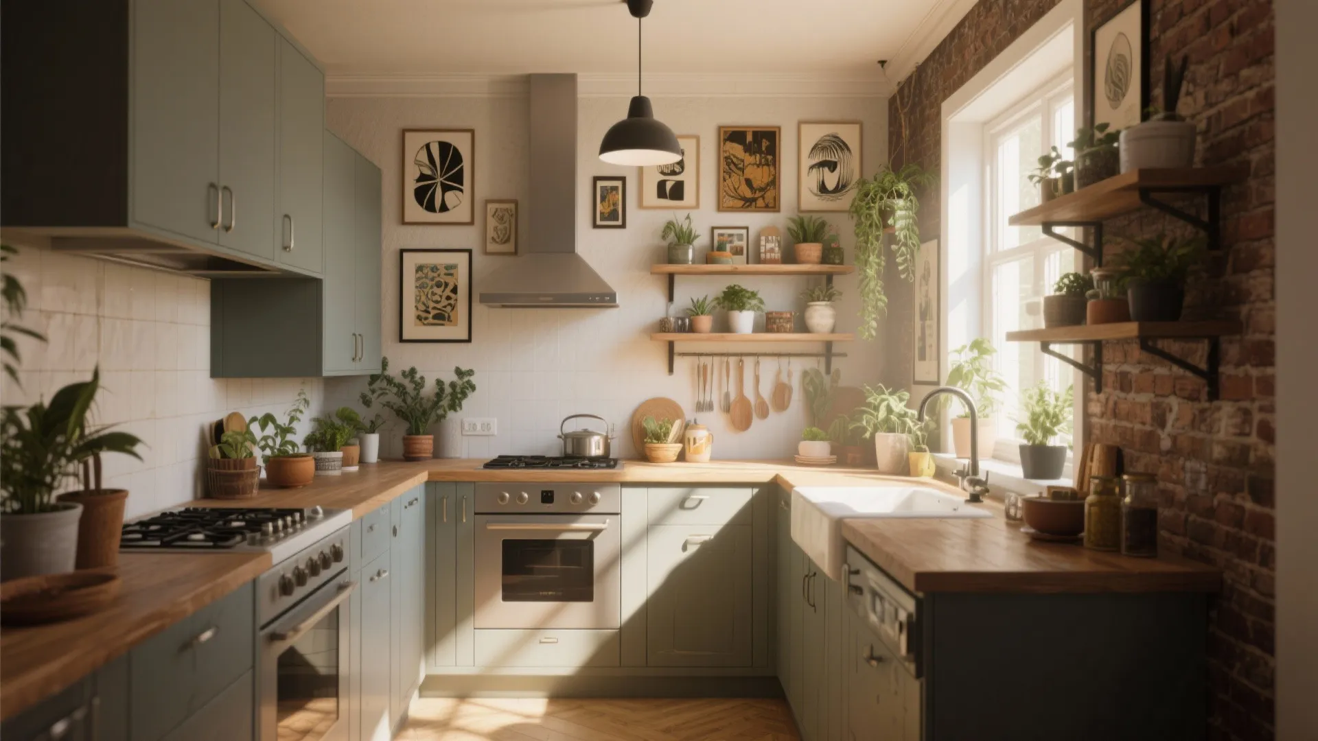 U-shaped kitchen with green cabinets wooden counters brick wall framed art and many small green plants
