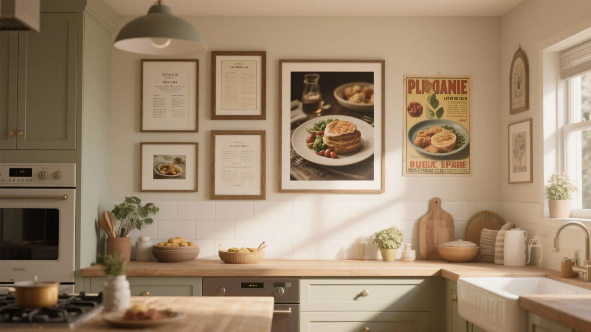 Modern kitchen with green cabinets wooden countertop and gallery wall featuring several framed food art