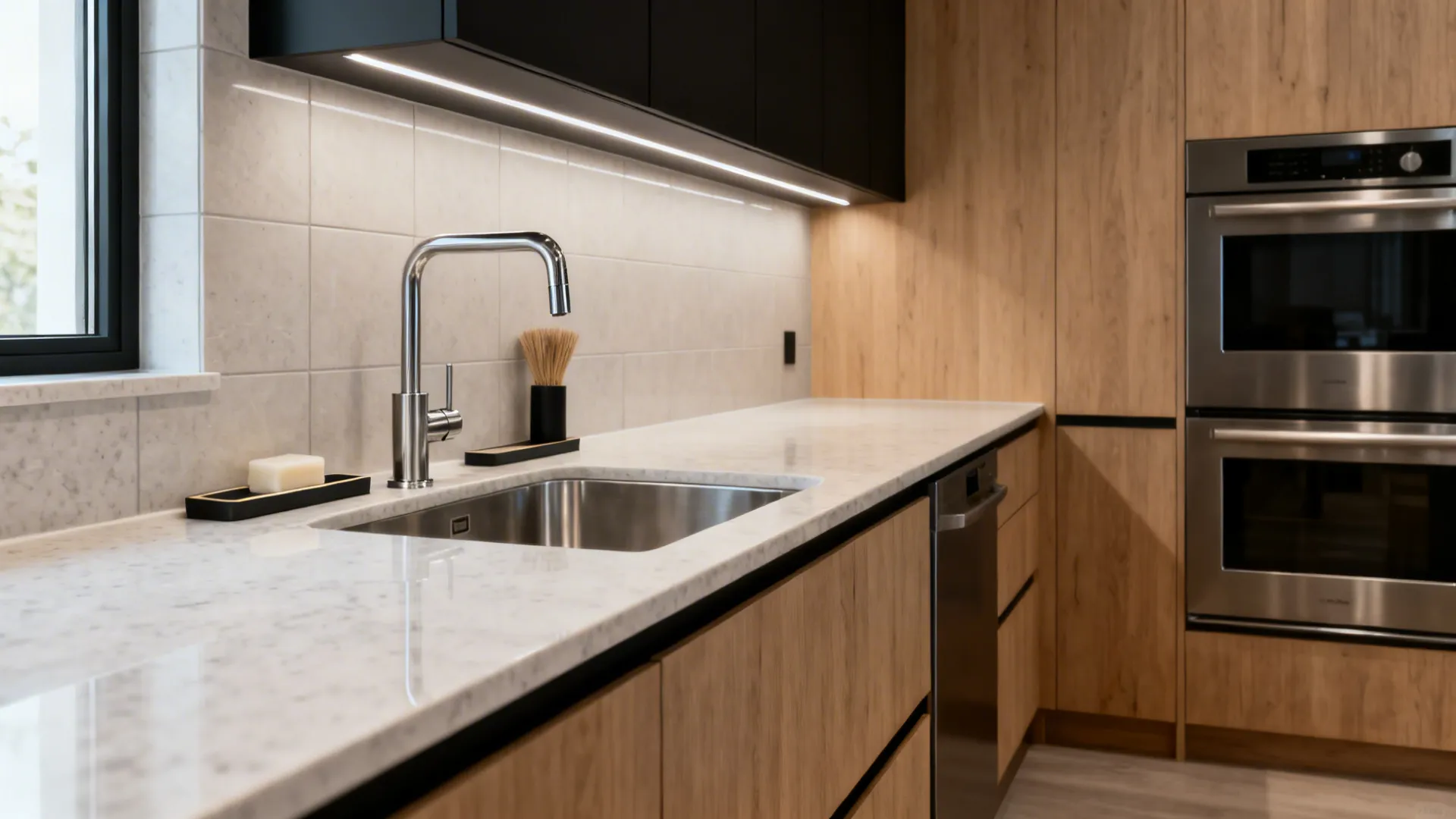 Modern kitchen design with marble countertop metal sink wood cabinets and black wall storage lights