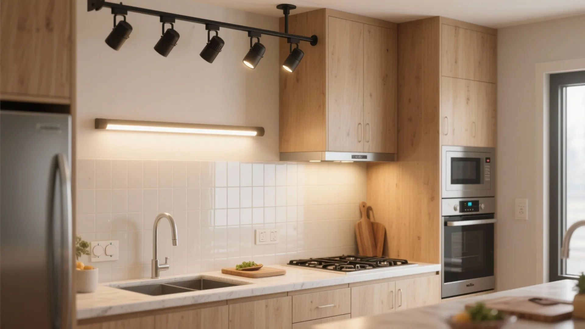 Wall track task lighting for compact kitchens