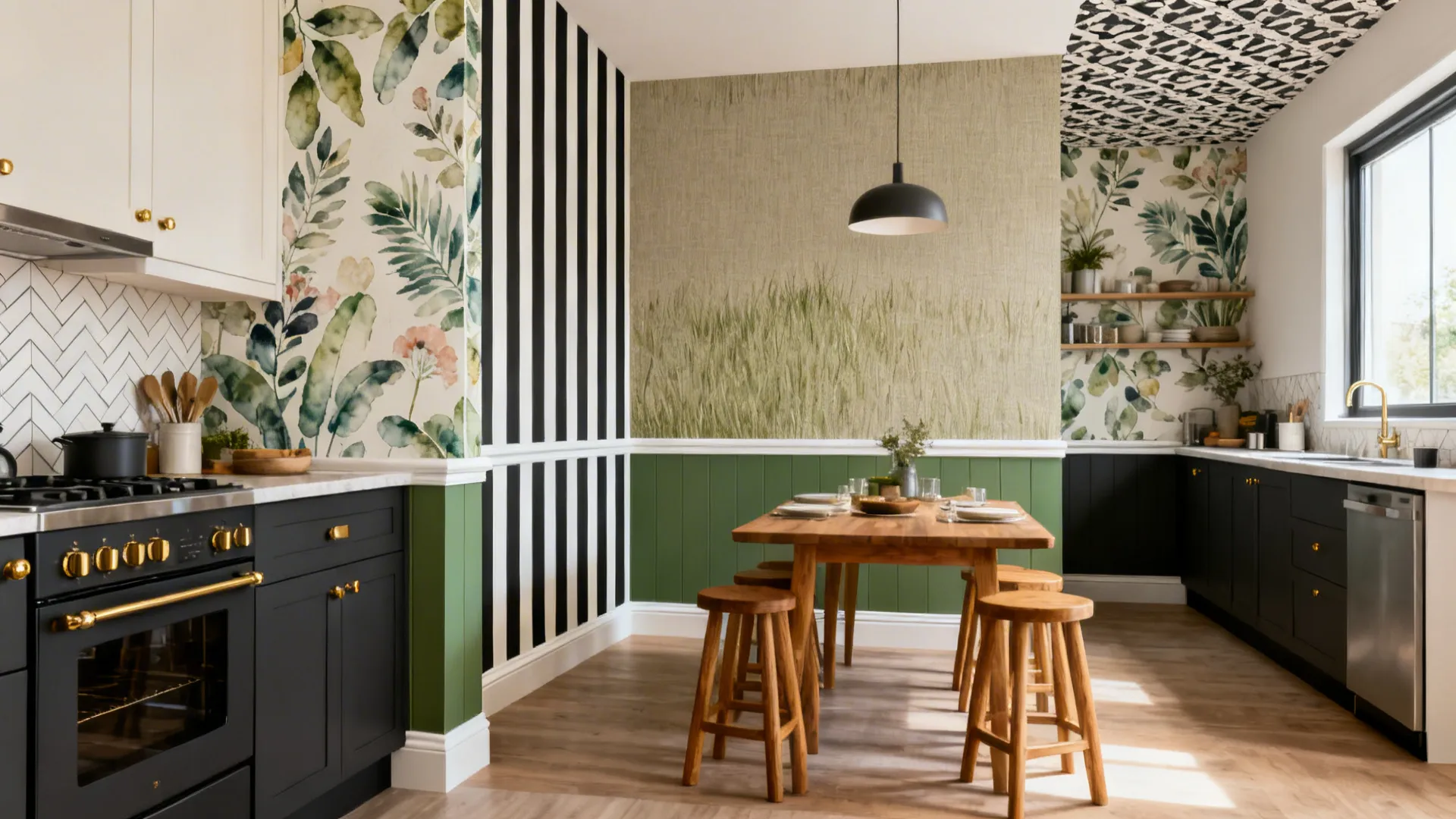 Modern kitchen and dining room with floral wallpaper green wall panel wooden table and stools