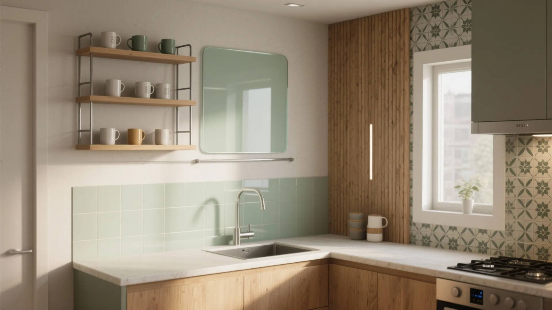 Modern kitchen with mint green tiles wooden wall panels open shelving and white marble countertop