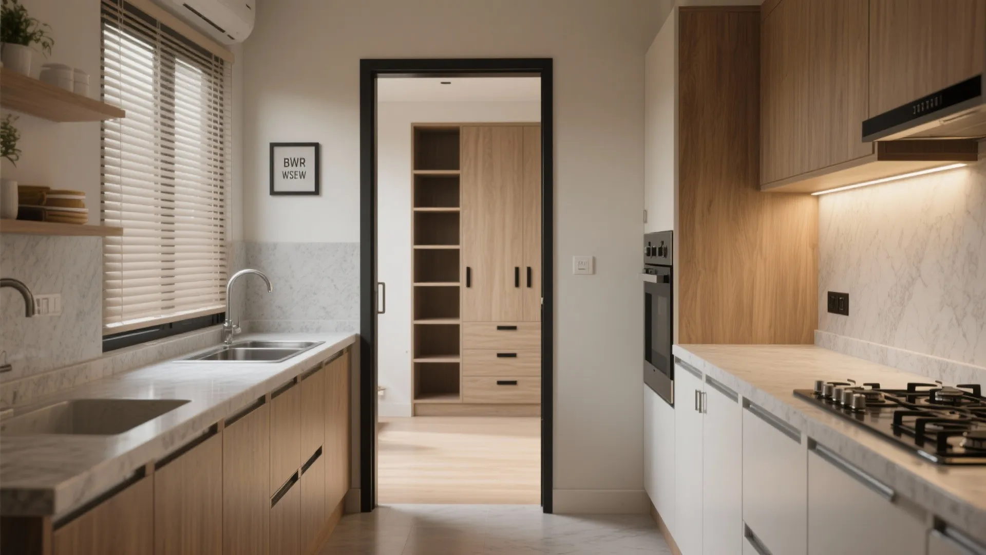 Kitchen interior view with wooden cabinets and marble counters leading to a large wood cabinet