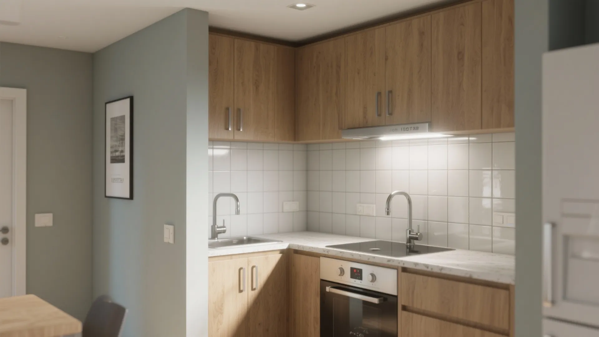 Modern kitchen with wood cabinets white tile walls silver taps oven and light blue wall paint