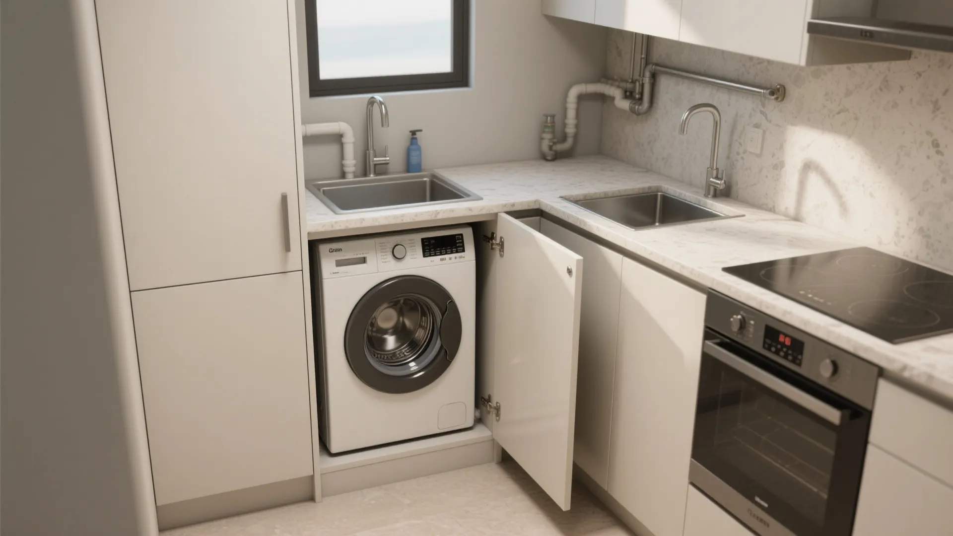 Under-counter washer-dryer integrated into a small kitchen with routed water lines and neat cabinetry.