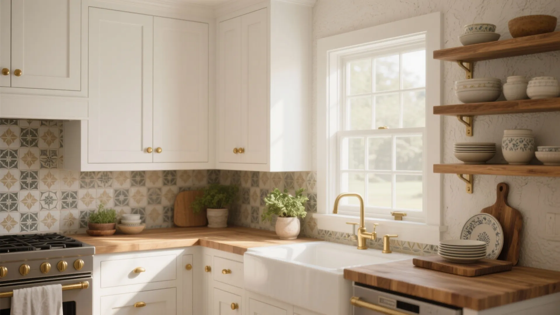 Bright white kitchen featuring wooden countertops gold faucet white sink and open shelves with bowls