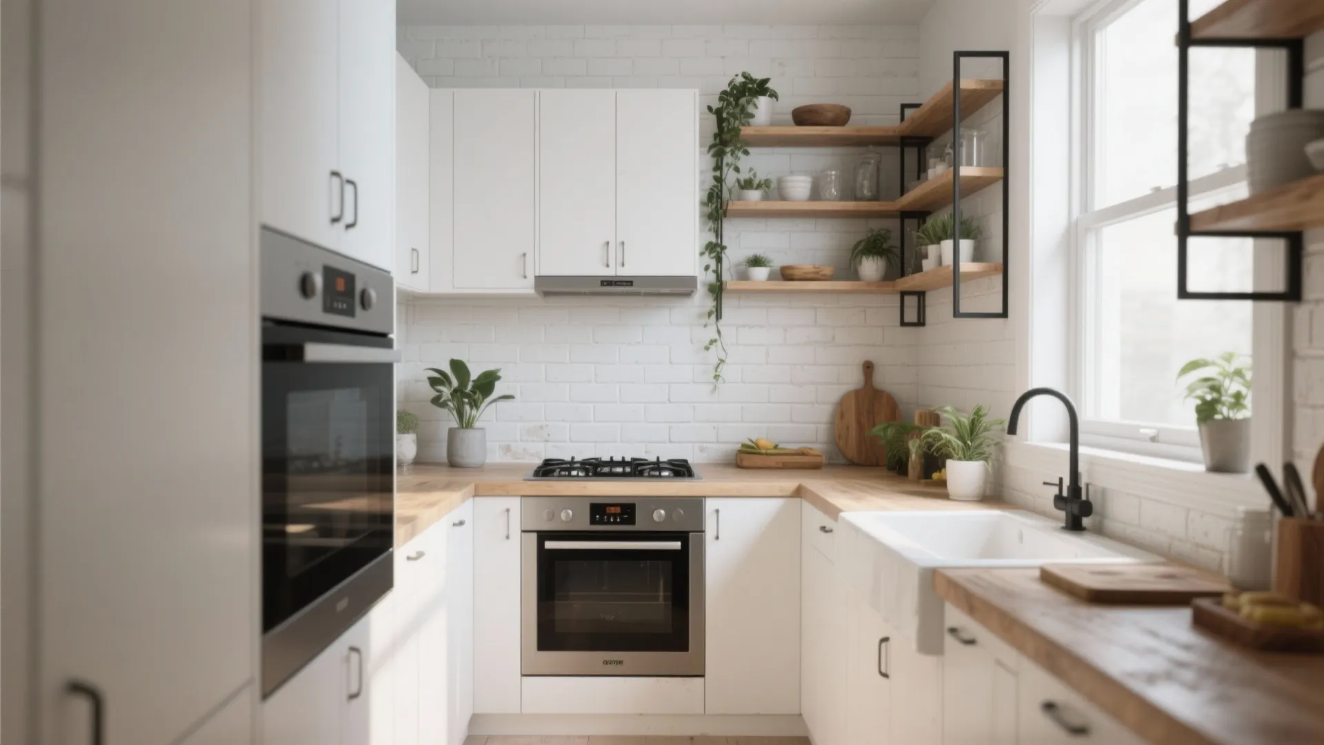 Small bright kitchen with white painted brick backsplash, open shelving and black metal accents.