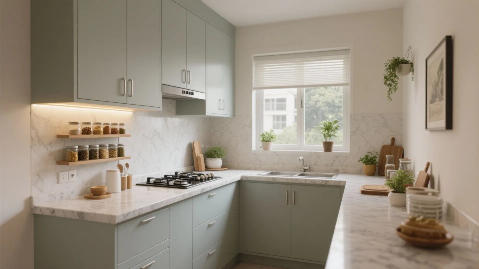 Smart L-shaped kitchen with a breakfast ledge