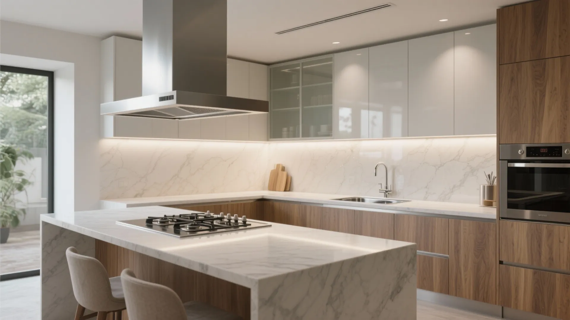 Luxe-minimal Chennai kitchen with matte quartz, glass backsplash, and concealed storage under soft lighting.