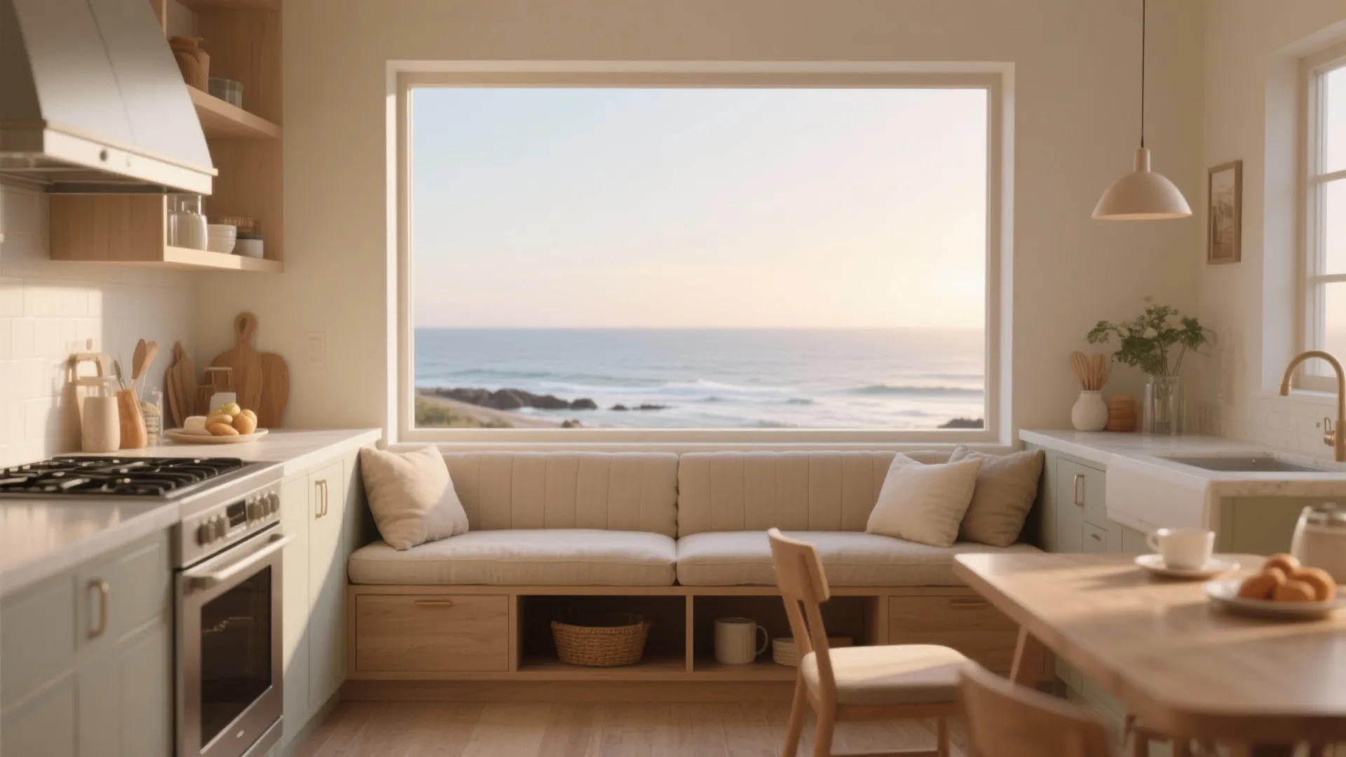 Cozy kitchen with a long window seat cushions looking at the blue ocean during a sunset