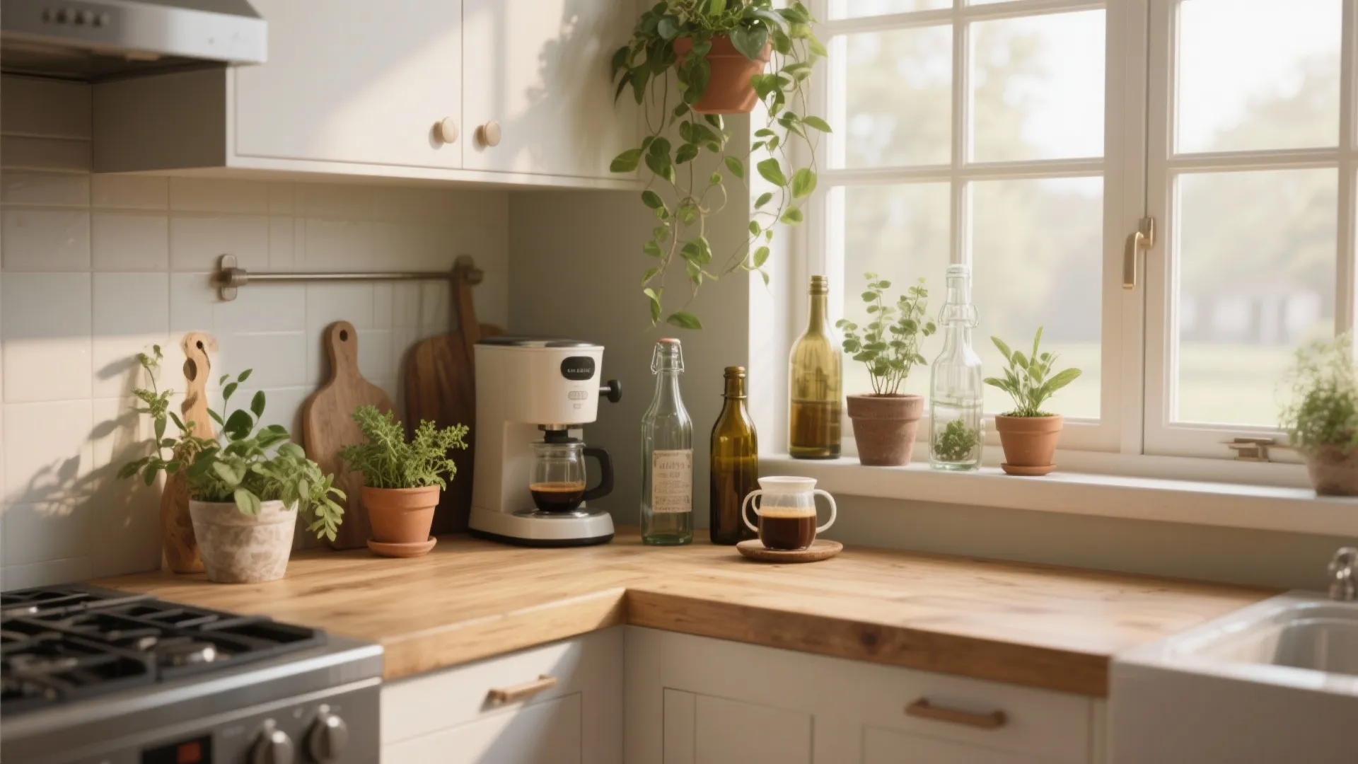 Bright kitchen with wooden countertop coffee maker bottles potted plants on window sill and natural light