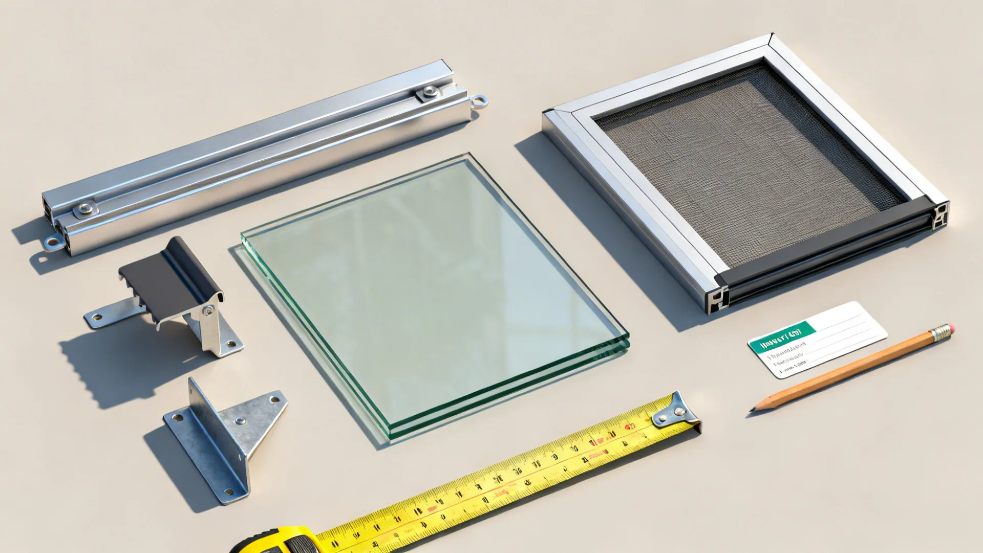 Material flat lay with safety glass samples, anodized hardware, insect screen frame, and measuring tools.
