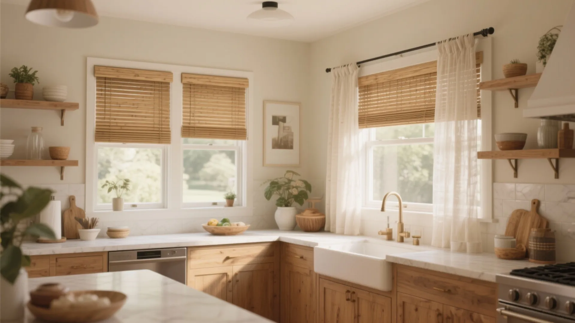 Bright kitchen with wooden cabinets white sink gold faucet bamboo blinds and white sheer curtains