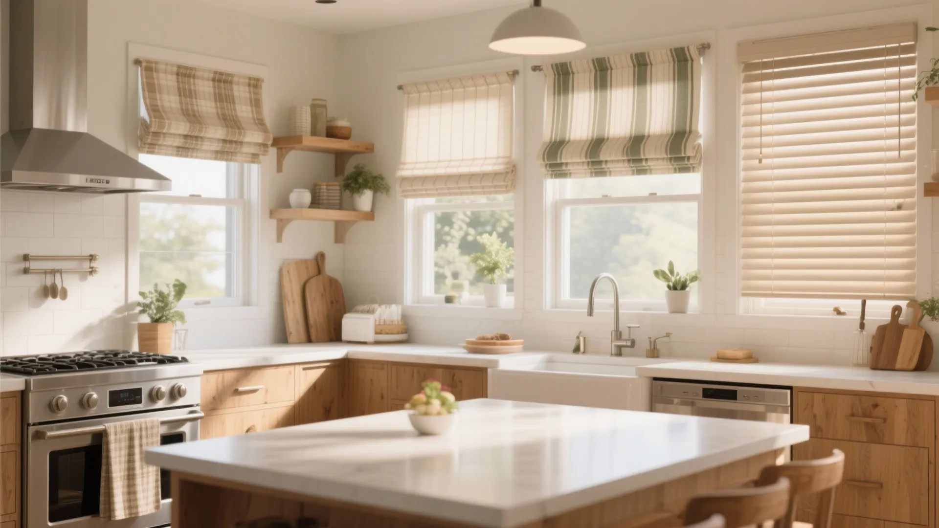 Modern kitchen with wooden cabinets kitchen island striped curtains wooden blinds and a large metal stove