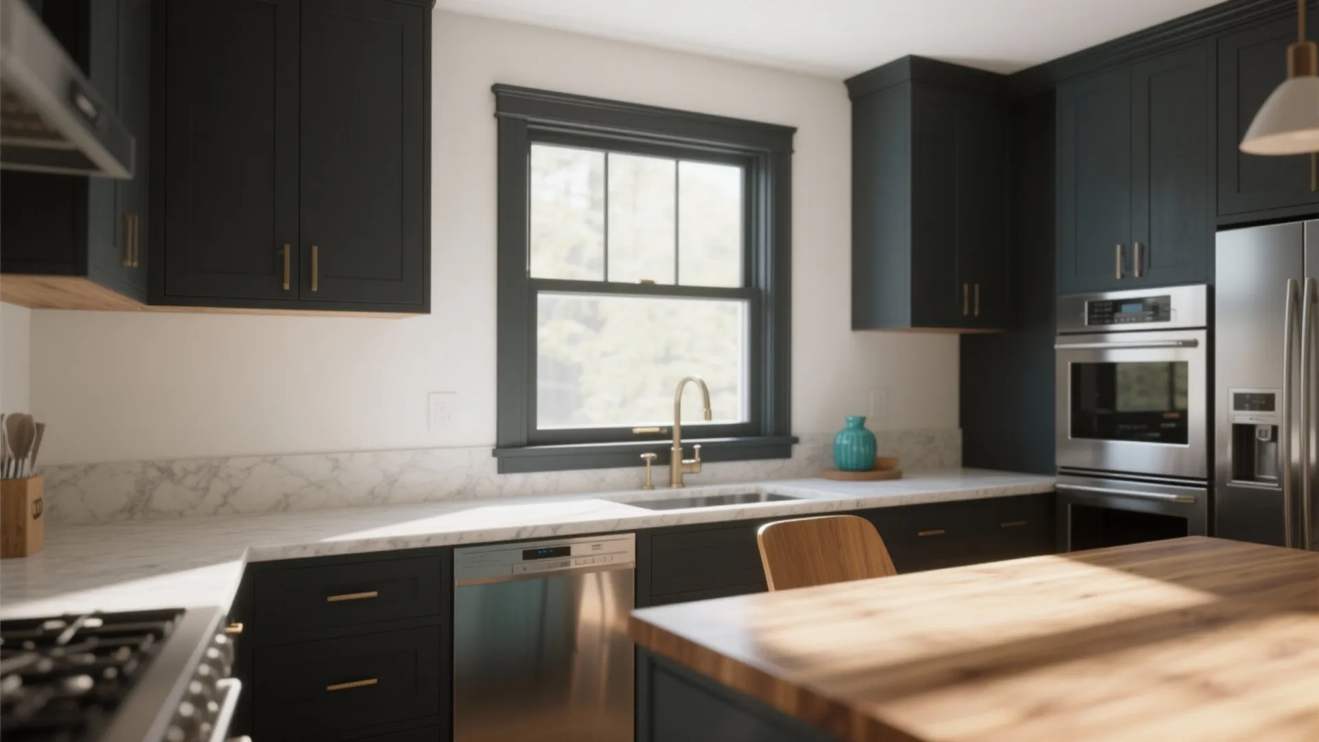 Modern kitchen with black cabinets white marble countertops gold faucet large window and wooden island table