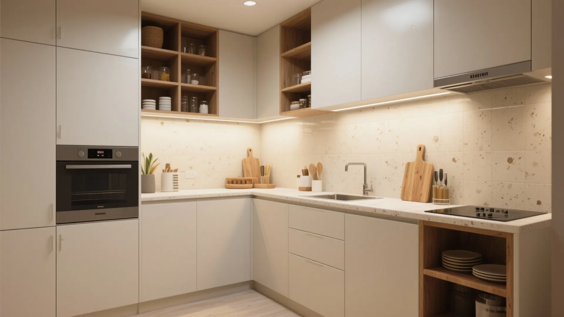 Modern white kitchen cabinets with wooden shelves, built-in oven, marble countertop, and warm under-cabinet lighting
