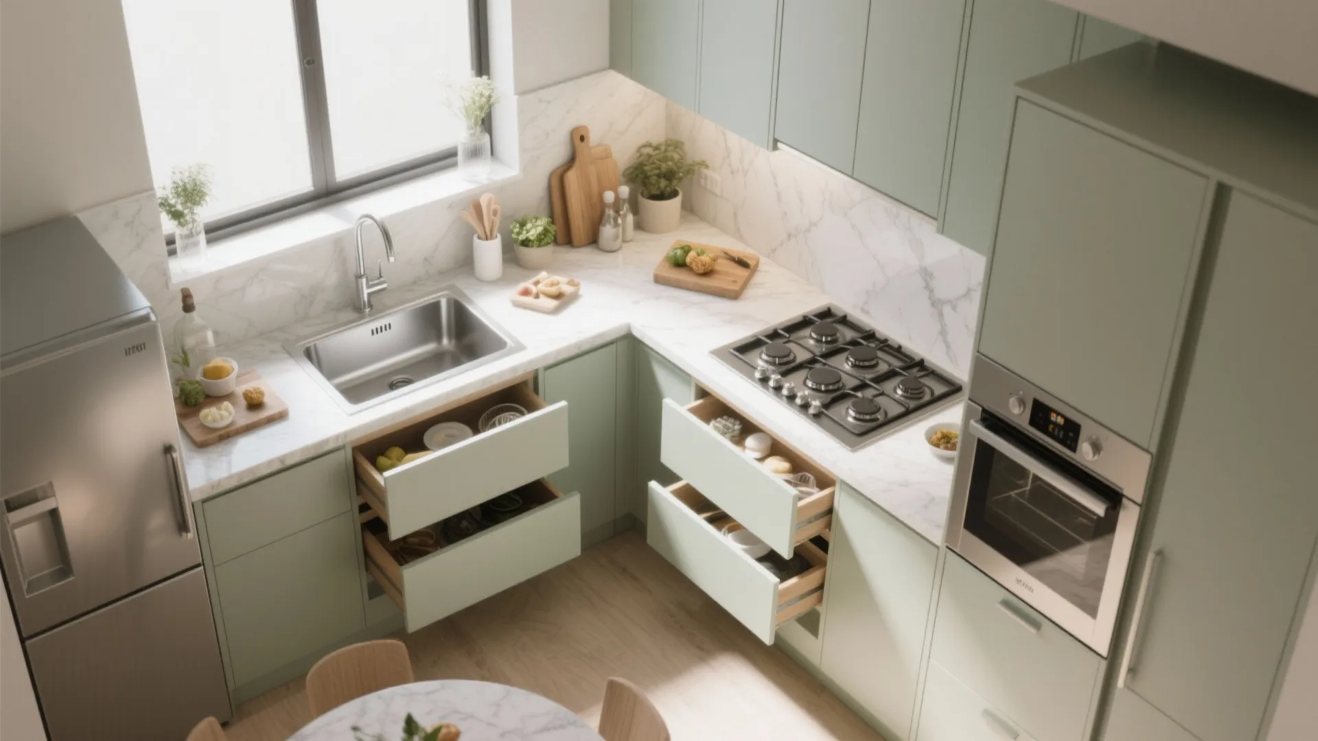 Modern green kitchen with white marble countertop gas stove sink oven and open storage drawers