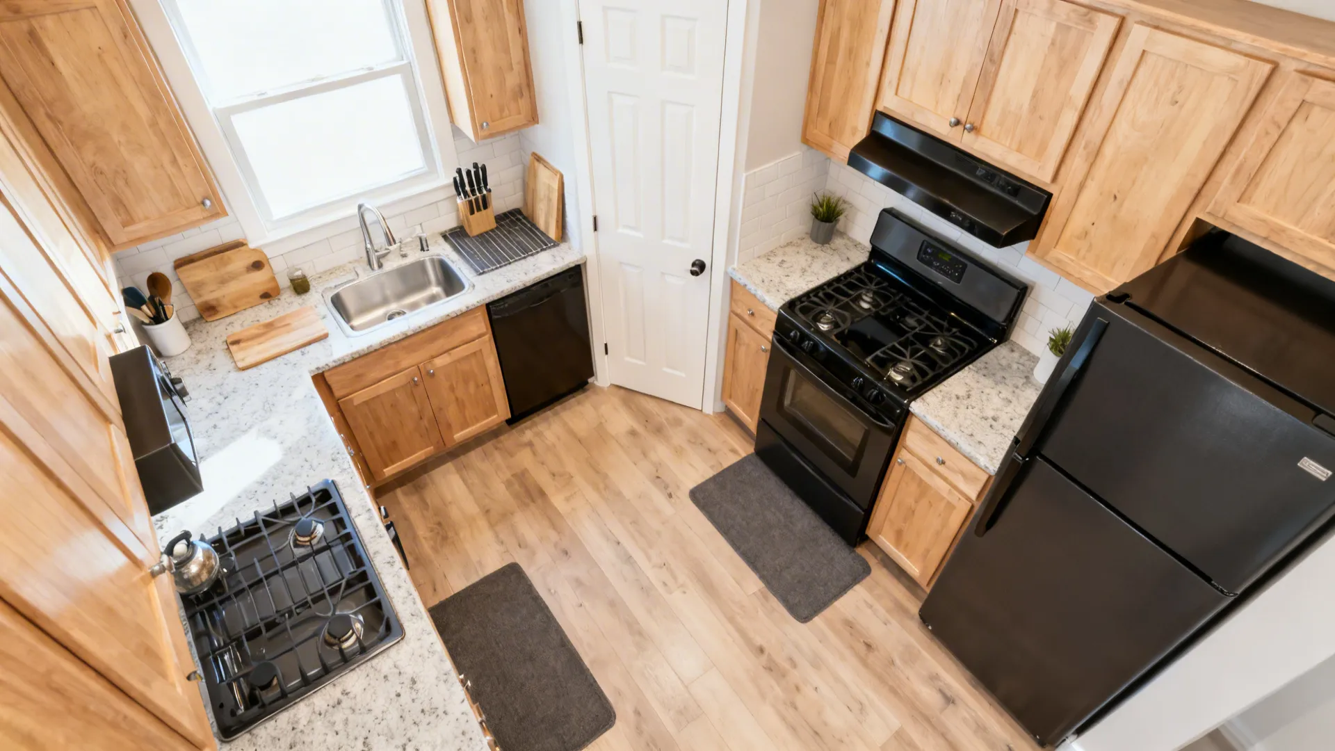 Top-down L-shaped small kitchen showing a clear work triangle and prep-to-cook-to-clean zones.