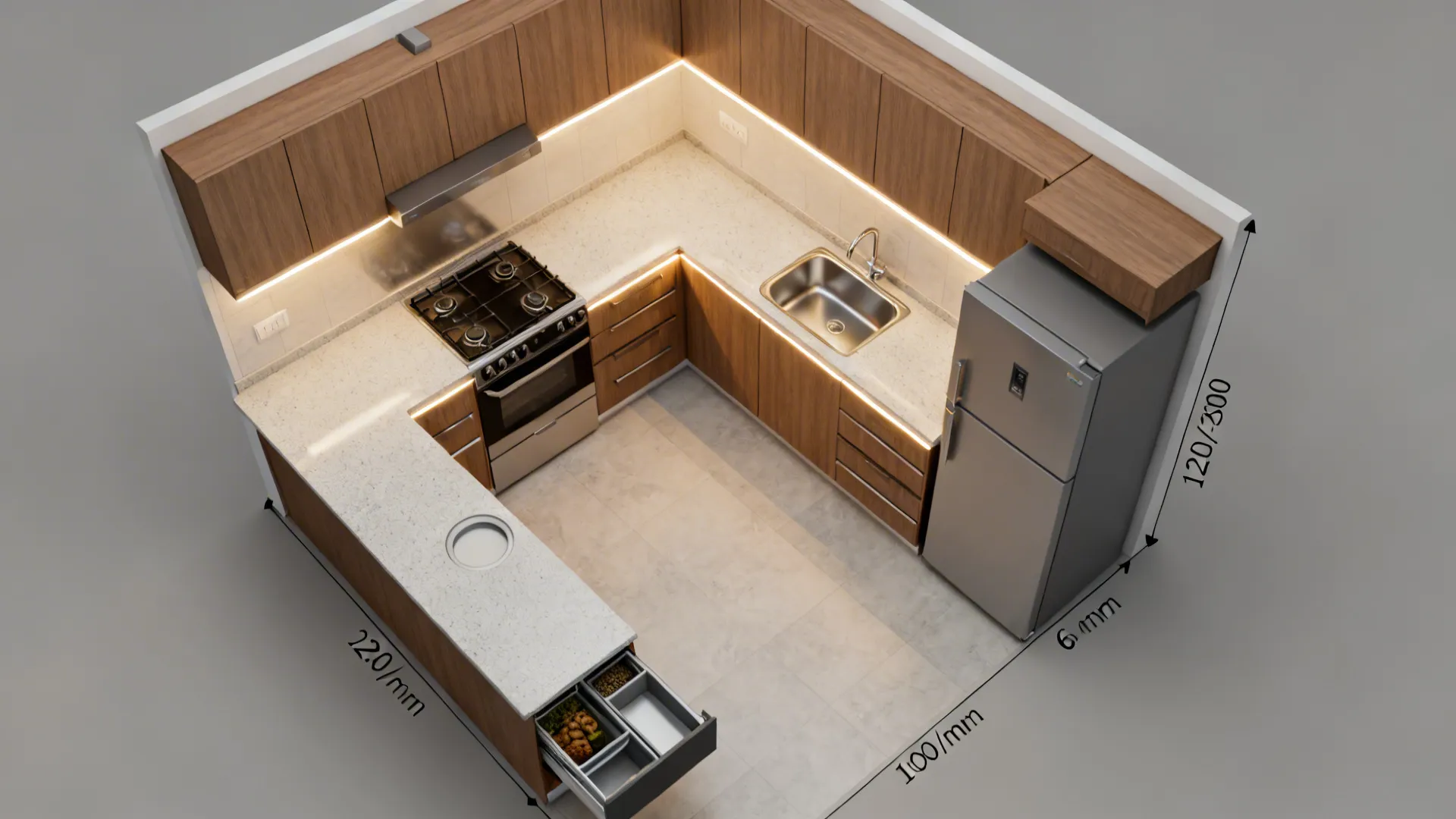 Top-down view of a compact L-shaped kitchen showing the work triangle, clear walkway, and organized storage zones.