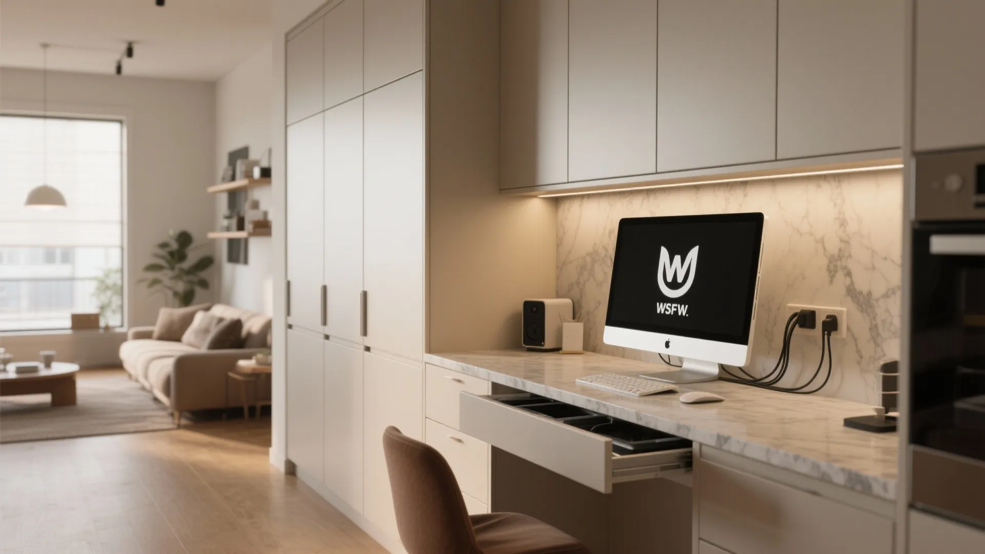 Modern home office area with computer on marble desk and tall white cabinets for storage