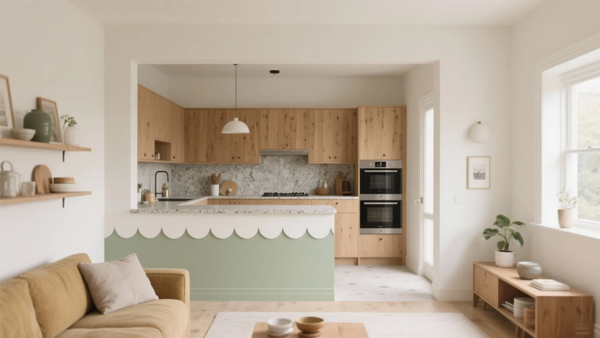 Modern open kitchen with wooden cabinets grey stone backsplash green island white walls and natural light